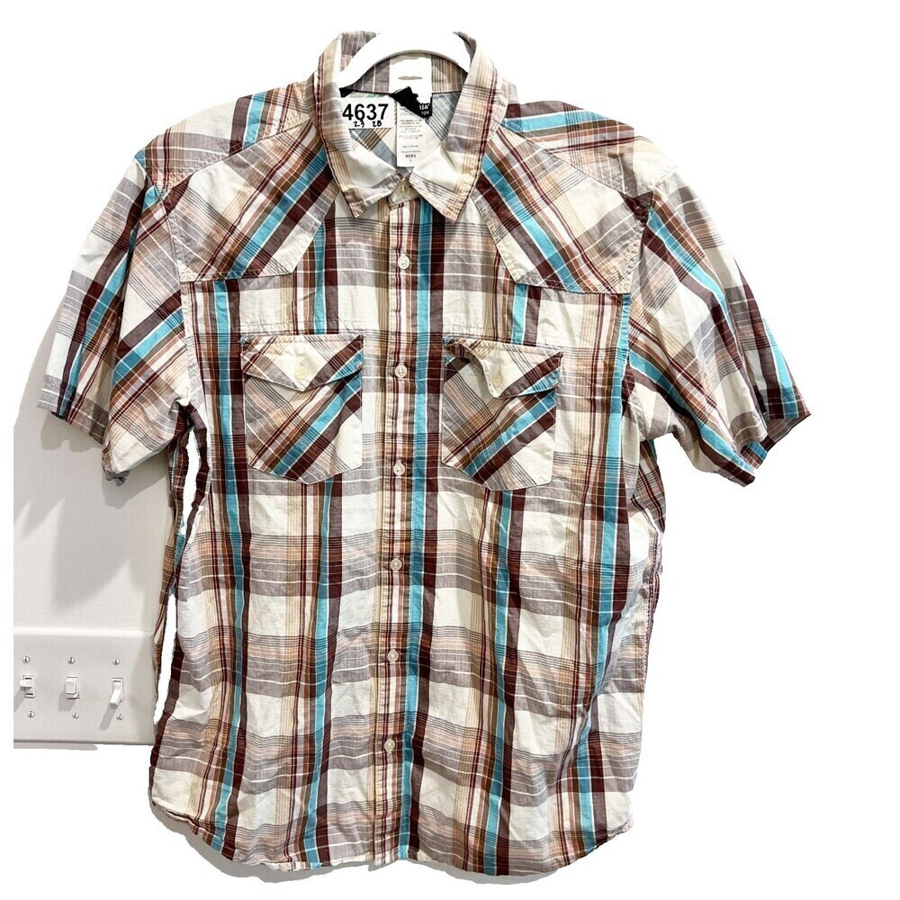 Patagonia Mens White Brown Shirt L Plaid Flannel Button Up Pockets Short Sleeve